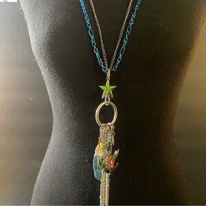 Betsey Johnson Blue Angel Wing Earrings & Multi-Chain Necklace with Blue Accents